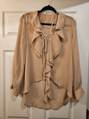 Sheer Ruffle Tie-Neck Blouse - Beige